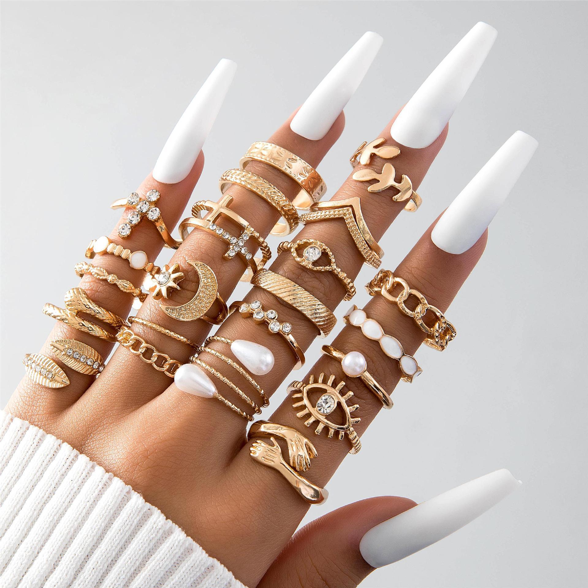 Wholesale Fashionable and versatile leaf heart personality geometric ring set